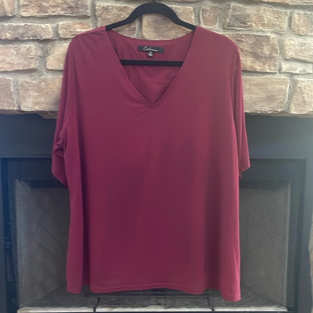 Caleoas maroon blouse with sheer sleeves and sheer overlay. Size 1X